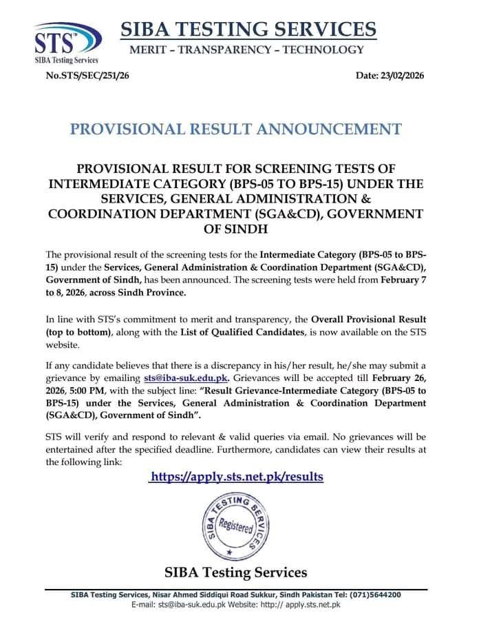 STS IBA BPS-05 to BPS-15 Intermediate Category Provisional Result 2026